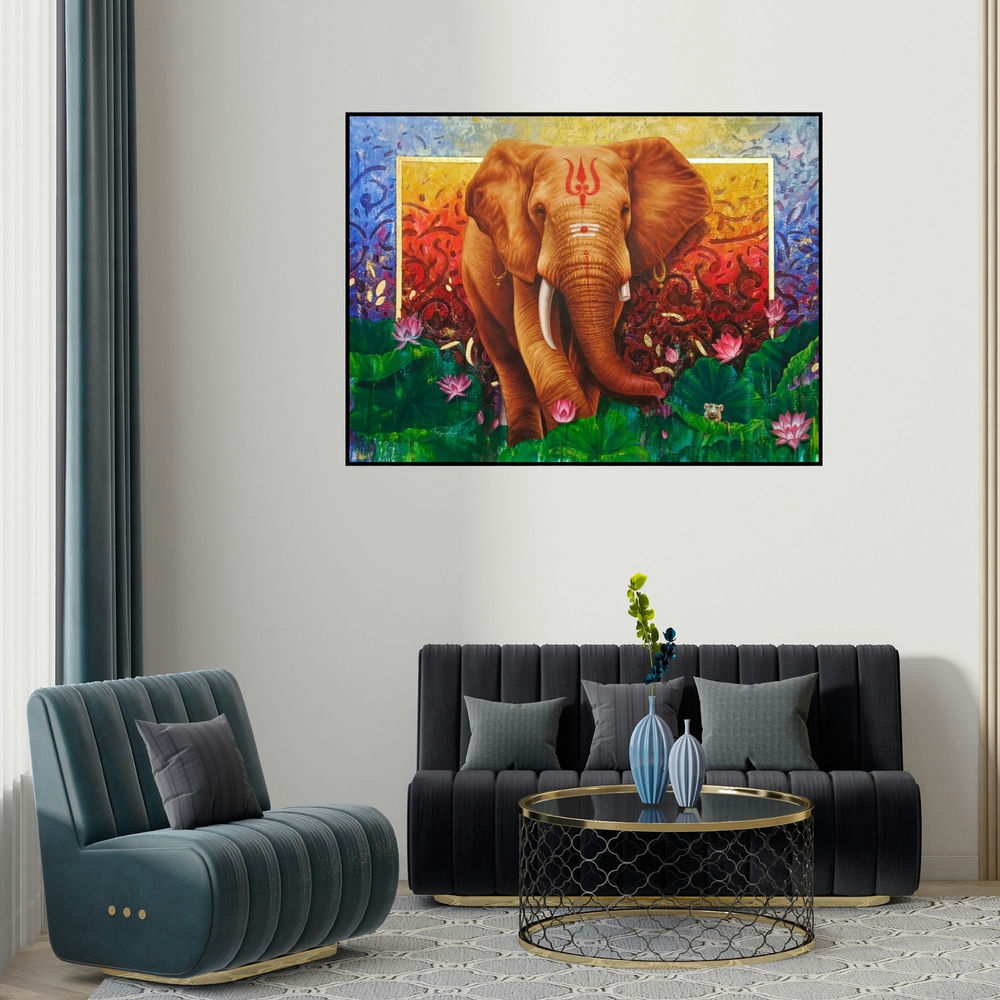 Pradeep Kumar's 'Elephant (Ganesha's Grace)' painting visualized above a sofa in a contemporary room.