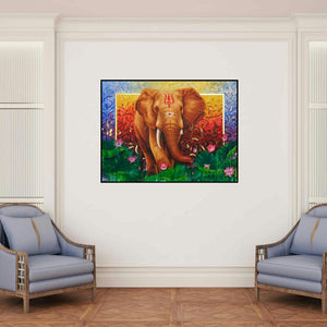 'Elephant (Ganesha's Grace)' painting by Pradeep Kumar shown on a wall in a furnished room.