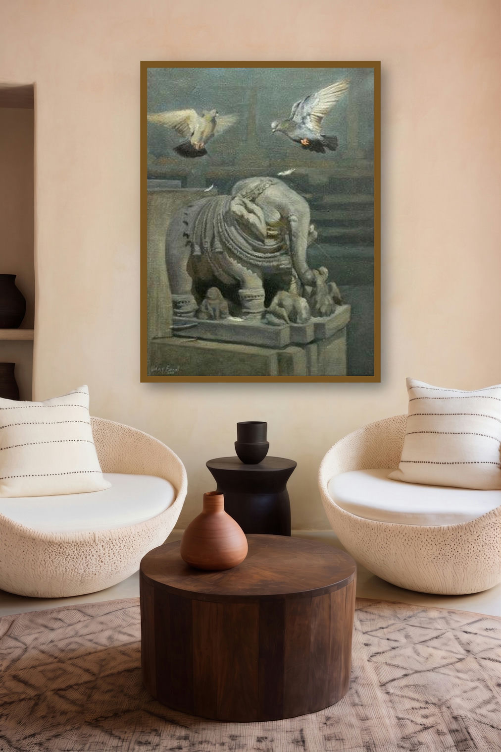 Elephant And Pigeon (Urban Meditation: A Figurative Composition) by artist Uday Farat displayed in a Contemporary gallery