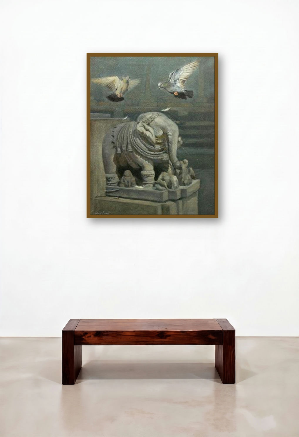 Elephant And Pigeon (Urban Meditation: A Figurative Composition) by artist Uday Farat displayed in a Designer Executive Office