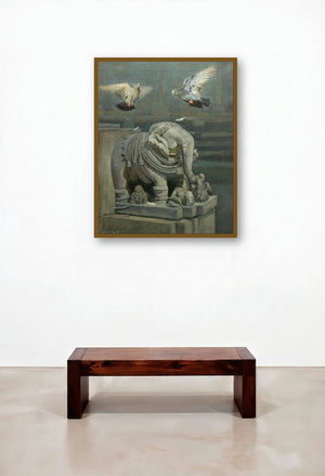 Elephant And Pigeon (Urban Meditation: A Figurative Composition) by artist Uday Farat displayed in a Designer Executive Office