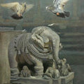 Nature oil painting titled 'Elephant And Pigeon', 52x17 inches, by artist Uday Farat on Canvas