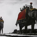 Animals charcoal drawing titled 'Elephant Ride', 30x52 inches, by artist Yuvraj Patil on Canvas
