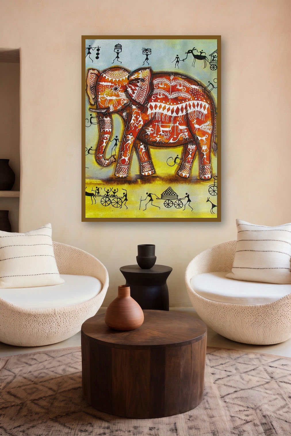 Elephant Tribal Painting I by artist Pradeep Swain displayed in a Modern gallery