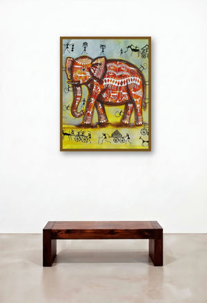 Elephant Tribal Painting I by artist Pradeep Swain displayed in a Mid-Century Modern Hallway
