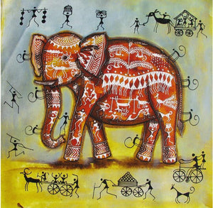 Elephant Tribal Painting I by Pradeep Swain, Original Acrylic Animal Painting on Canvas, Small Square Wall Art
