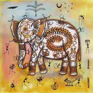 Elephant Tribal Painting Ii by Pradeep Swain, Original Acrylic Animal Painting on Canvas, Small Square Wall Art