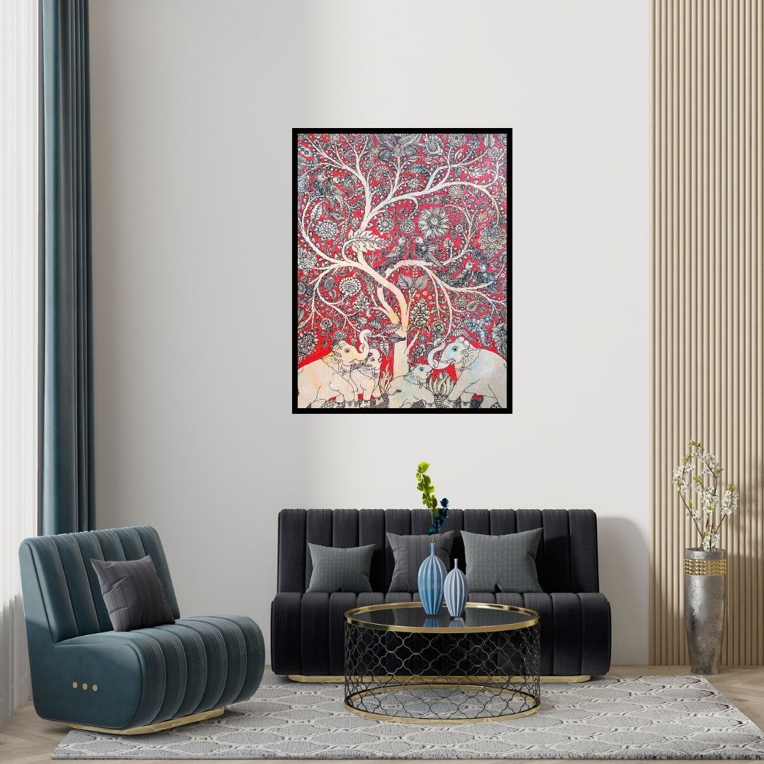 Preview of 'Elephant Under The Tree' Painting by Harinath N shown on a wall in a furnished room.