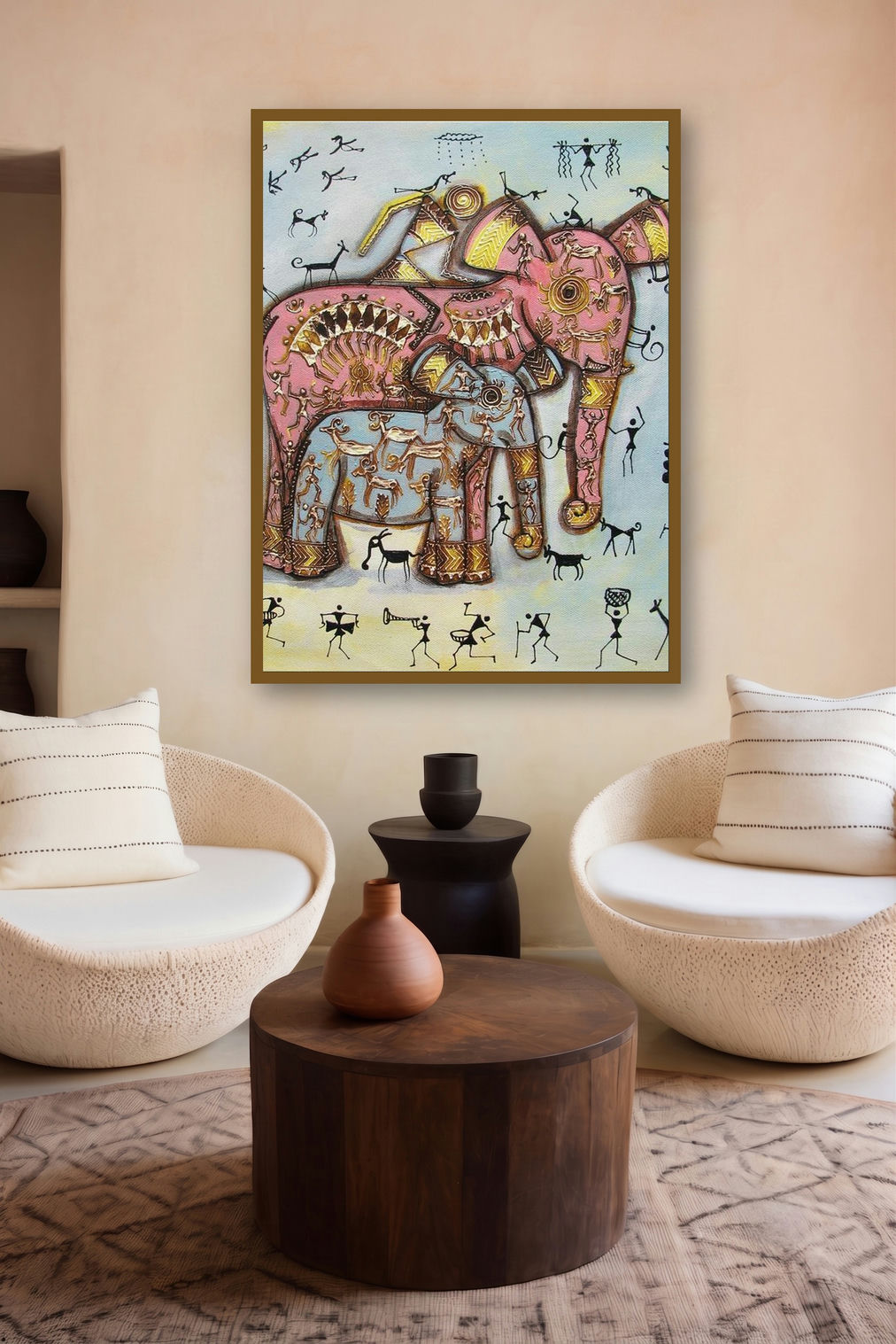 Elephant With Baby artist Tribal Painitng Blue by artist Pradeep Swain displayed in a Curated gallery