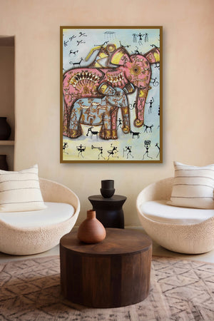 Elephant With Baby artist Tribal Painitng Blue by artist Pradeep Swain displayed in a Curated gallery