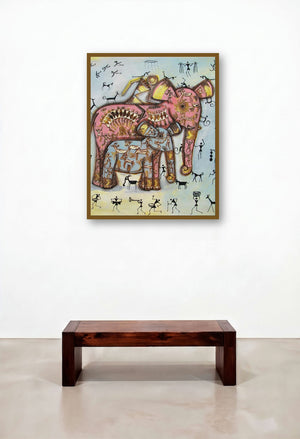 Elephant With Baby artist Tribal Painitng Blue by artist Pradeep Swain displayed in a Traditional Living Room
