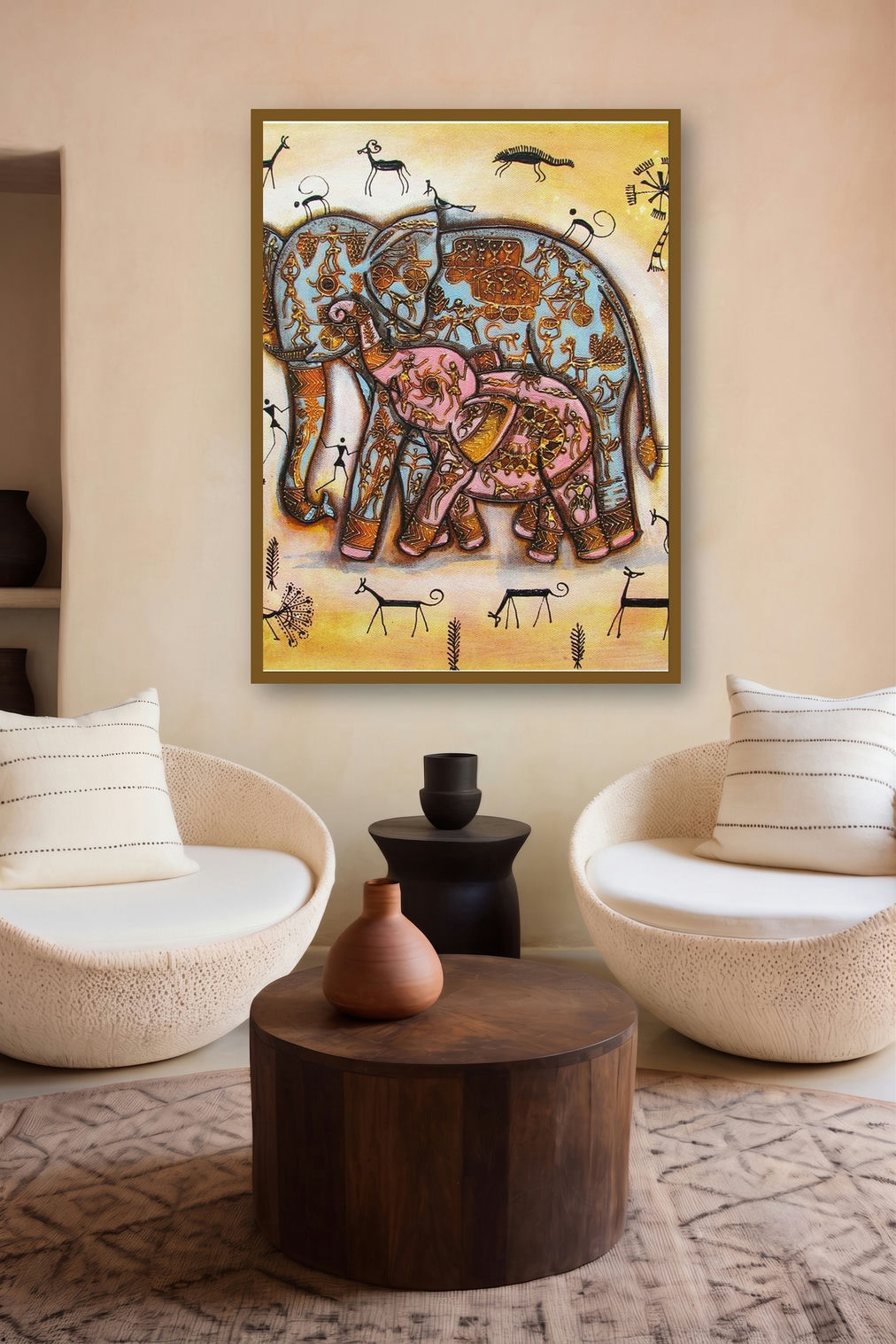 Elephant With Baby artist Tribal Painitng Yellow by artist Pradeep Swain displayed in a Luxury gallery
