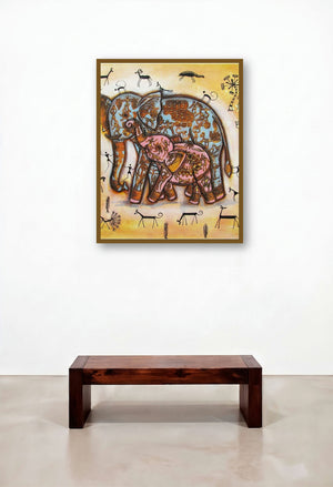 Elephant With Baby artist Tribal Painitng Yellow by artist Pradeep Swain displayed in a Minimalist Foyer