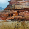 Landscape watercolor painting titled 'Ellora Cave 4', 14x31 inches, by artist NanaSaheb Yeole on Paper