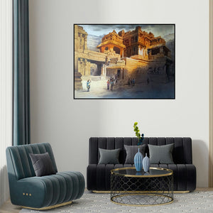Nanasaheb Yeole's 'Ellora Caves 3' painting visualized above a sofa in a contemporary room.