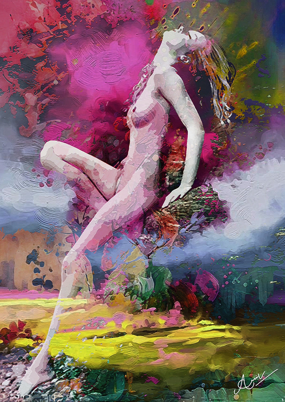 Elysian Muse' nude mixed-media painting by artist Anil Kumar, 45x32 inch, on canvas