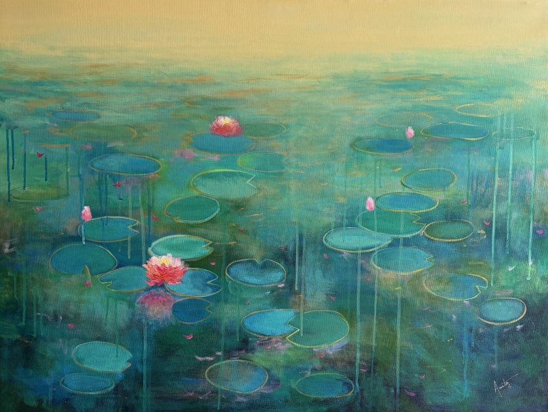 'The Emerald Hour' nature acrylic painting by artist Amita Dand, 30x40 inch, on canvas