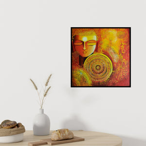 In-situ view of Nitu Chhajer's 'Emerging Budhha 1 (Buddha in Golden Light)' painting in a room