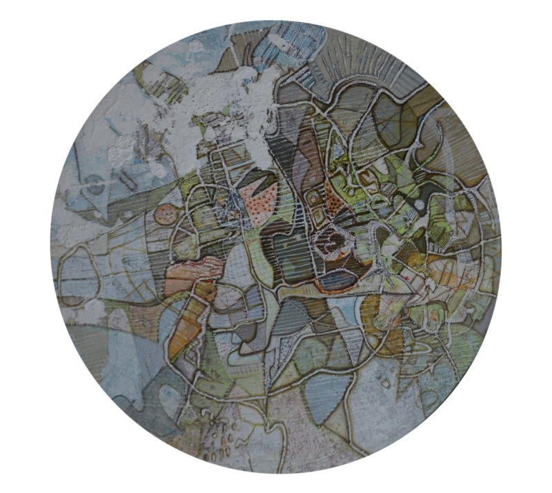 Emerging Echoes 11' abstract mixed-media painting by artist Rajesh Kumar Singh, 52x52 inch, on canvas