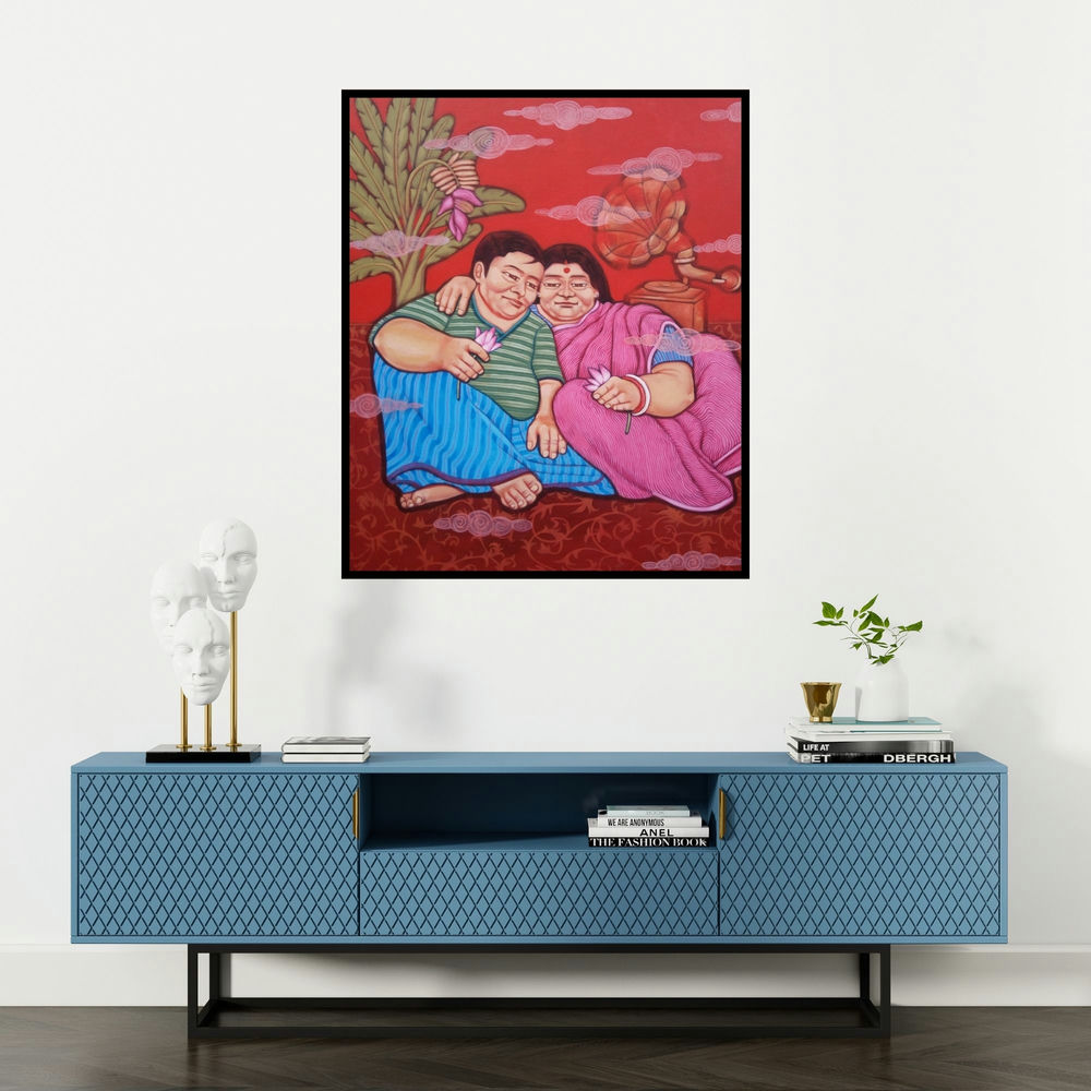 Apurba Karati's 'Emotion (Domestic Bliss)' painting visualized above a sofa in a contemporary room.