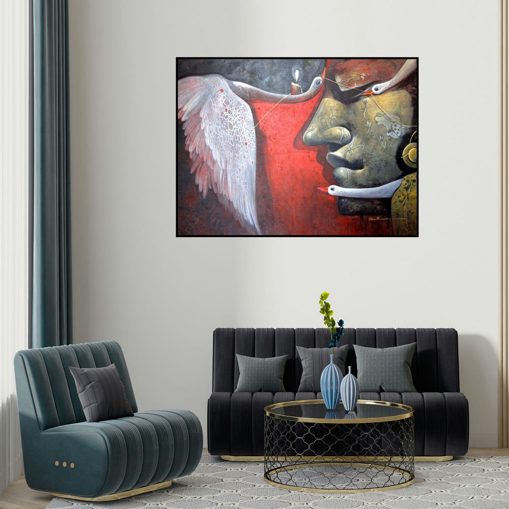 Jiban Biswas's 'Emotion (Whispers of the Soul)' painting visualized above a sofa in a contemporary room.
