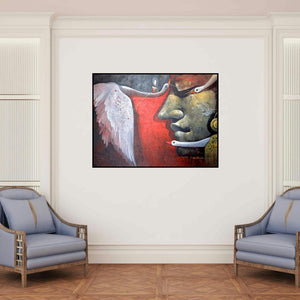'Emotion (Whispers of the Soul)' painting by Jiban Biswas shown on a wall in a furnished room.