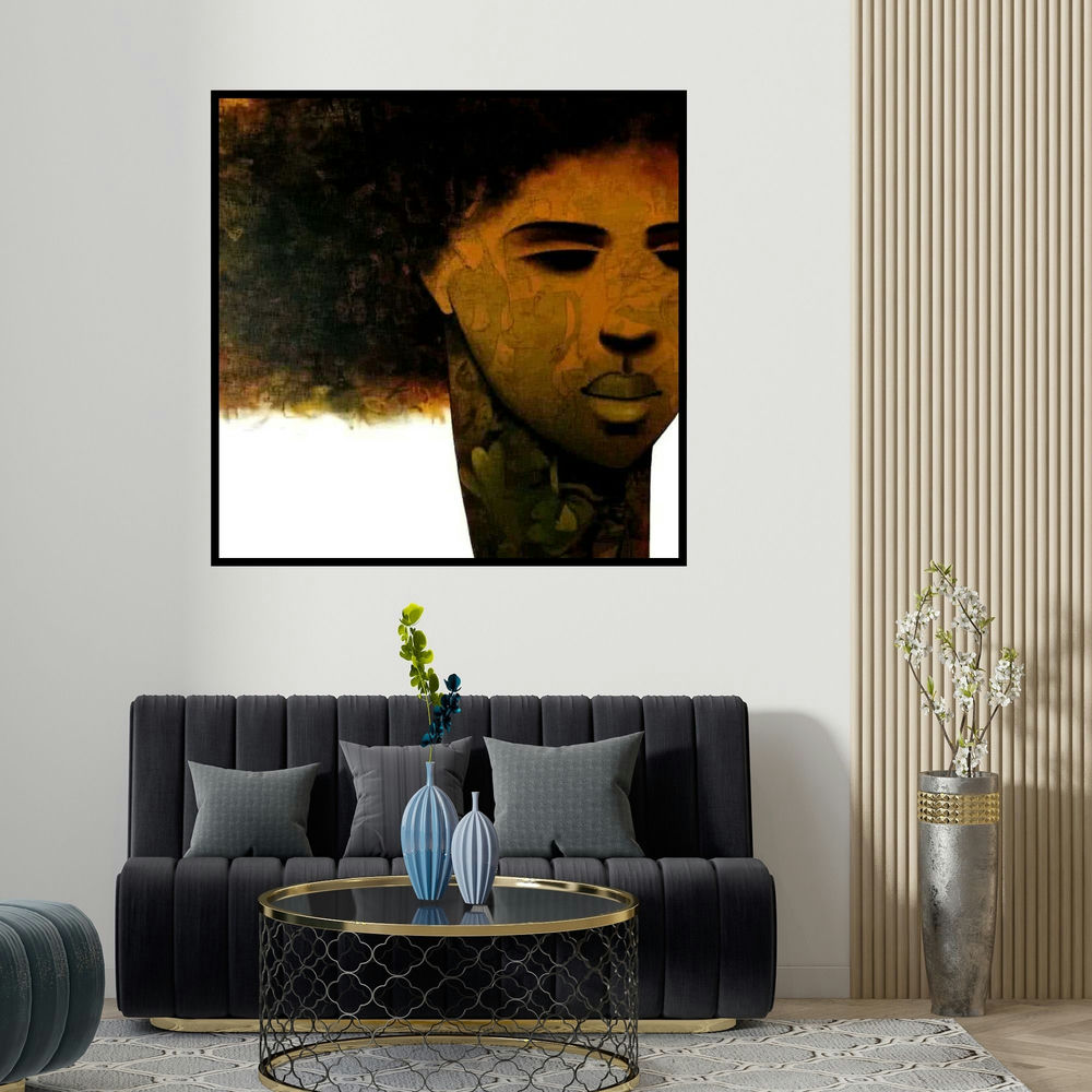 Mukesh Salvi's 'Emotion Of Life 1 (Figure in Hues of Brown)' painting visualized above a sofa in a contemporary room.