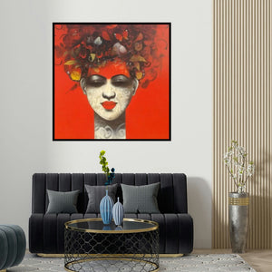 Mukesh Salvi's 'Emotion Of Life 9 (Woman with Closed Eyes and Birds)' painting visualized above a sofa in a contemporary room.