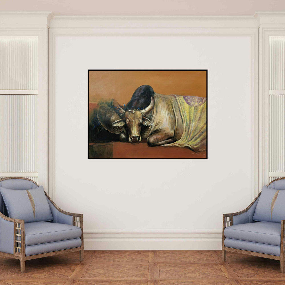 'Emotional Attachment 2 (Repose)' painting by Jiban Biswas shown on a wall in a furnished room.