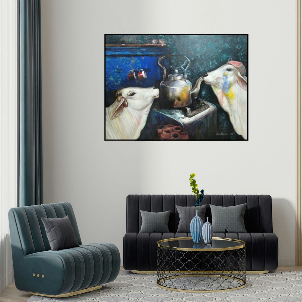 Jiban Biswas's 'Emotional Attachment (Tea Time)' painting visualized above a sofa in a contemporary room.