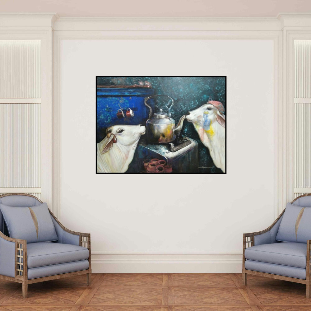 'Emotional Attachment (Tea Time)' painting by Jiban Biswas shown on a wall in a furnished room.
