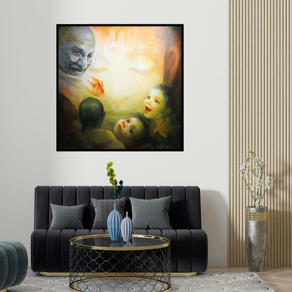 Ranjit Sarkar's 'The Emotional Watching 4' painting visualized above a sofa in a contemporary room.