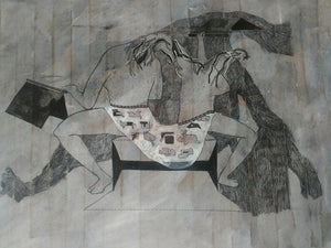 Emotions (Shared Seat) by Rohan Koli, Original Mixed Media Contemporary Painting on Paper, Small Horizontal Wall Art