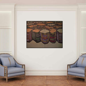 'The Empty One (Granary)' painting by Avijit Dutta shown on a wall in a furnished room.