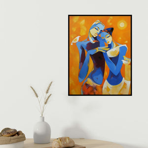 Laxmi Mysore's 'Enamored (The Peaceful Embrace)' painting visualized above a sofa in a contemporary room.