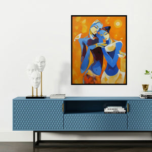 'Enamored (The Peaceful Embrace)' painting by Laxmi Mysore shown on a wall in a furnished room.