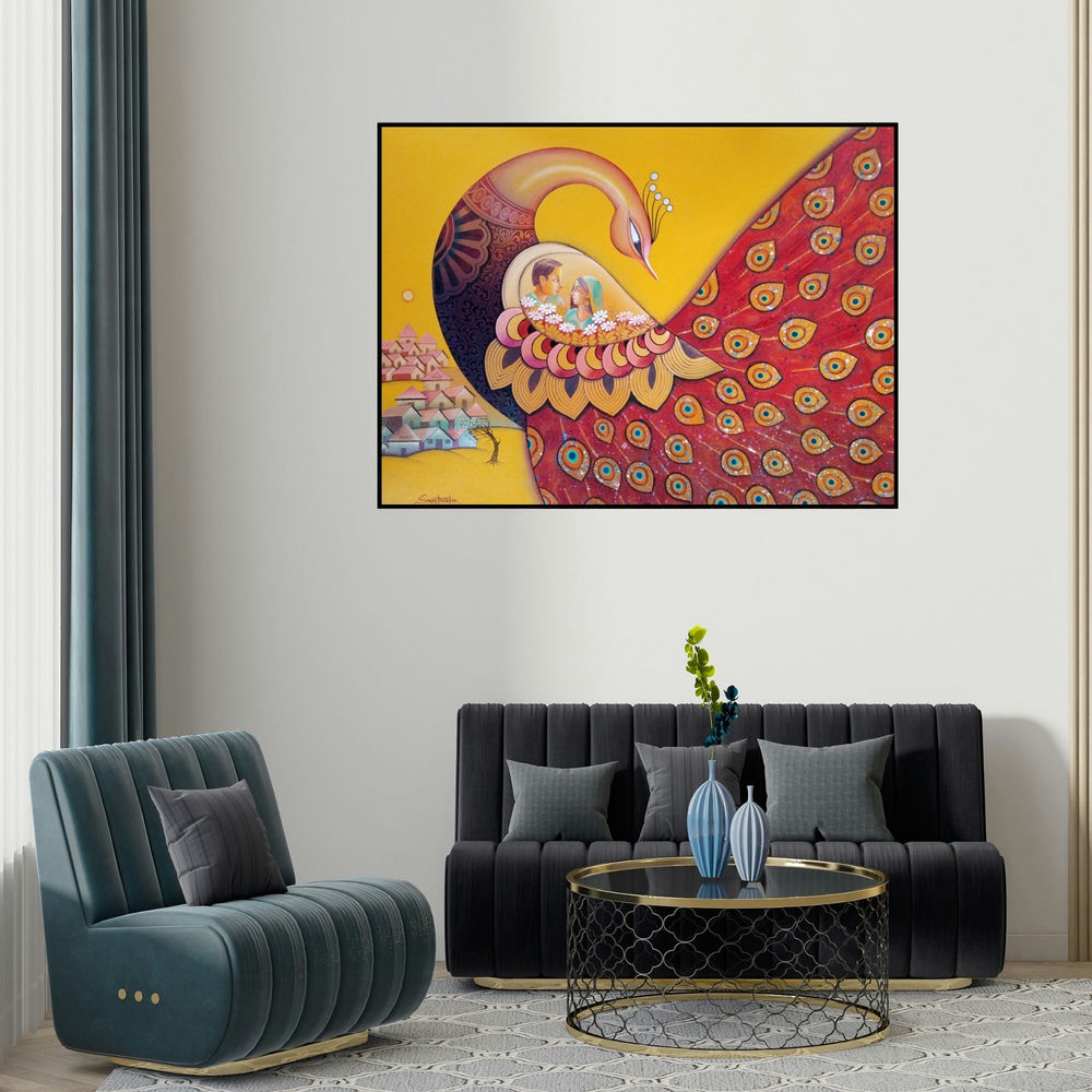 Sanjay Tandekar's 'Enchant 11 (The Love Nest)' painting visualized above a sofa in a contemporary room.