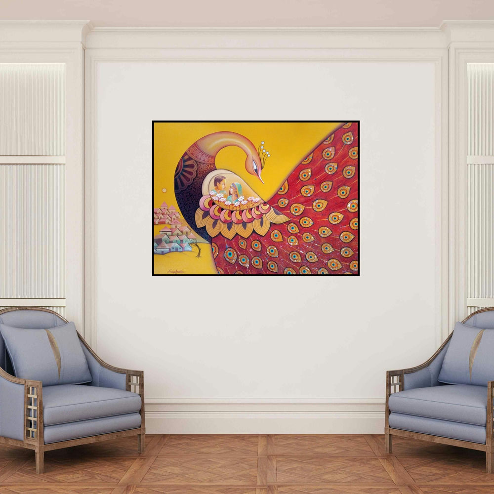 'Enchant 11 (The Love Nest)' painting by Sanjay Tandekar shown on a wall in a furnished room.