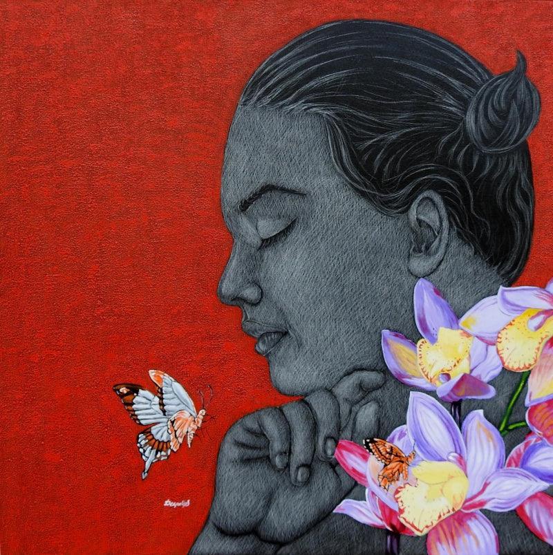 Figurative acrylic-oil painting titled 'Enchanting', 30x30 inch, by artist Deepali S on Canvas