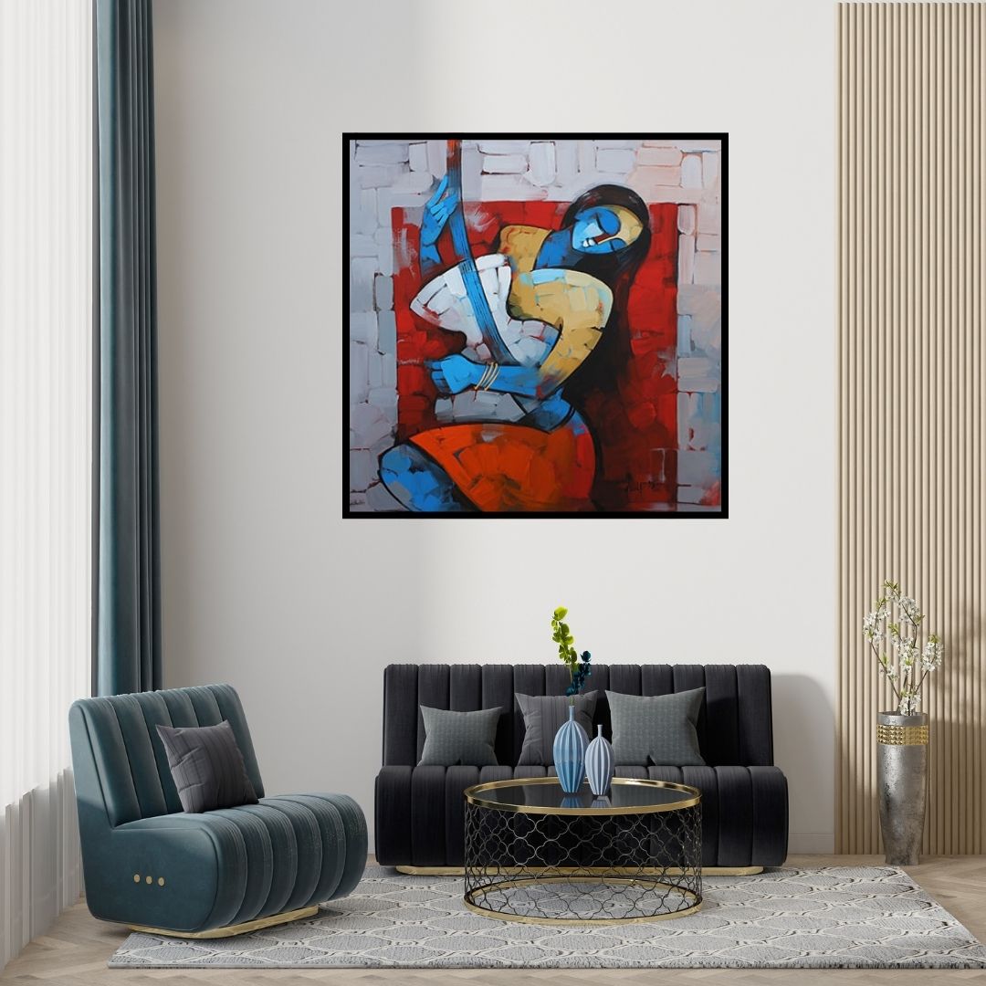 Preview of 'Enchanting 3 (Strings of Serenity)' Painting by Deepa Vedpathak shown on a wall in a furnished room.