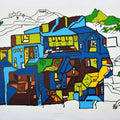 Cityscape serigraphs painting titled 'Encounters 2', 31x43 inches, by artist B. V. Doshi on Paper