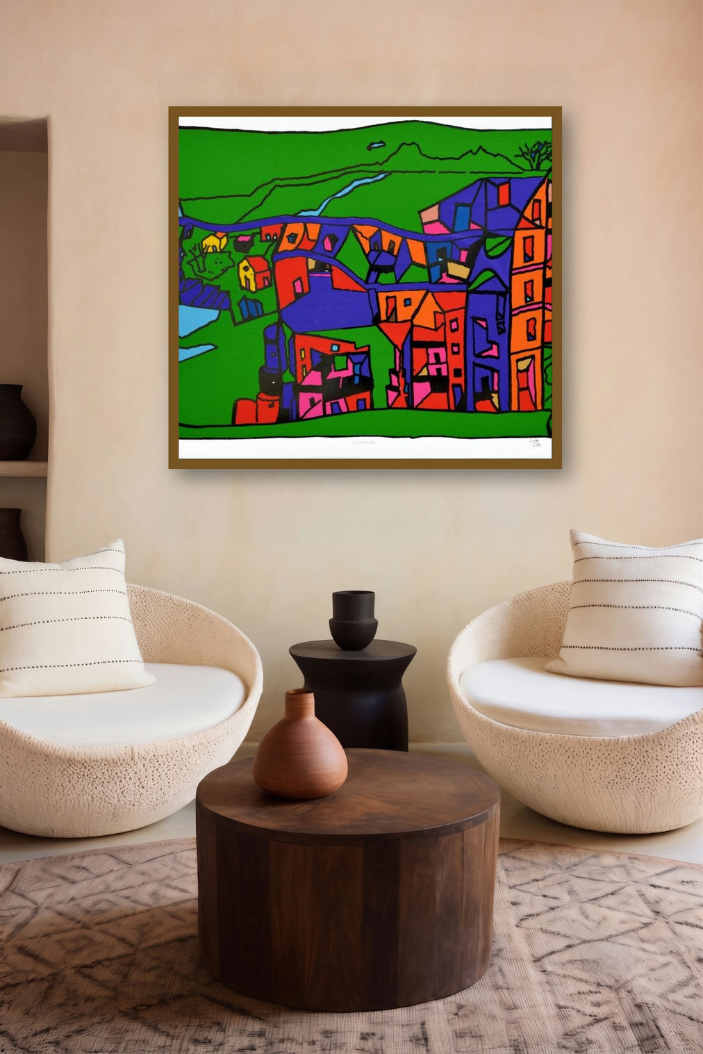Encounters 3 (Cityscape on Green) by artist B V Doshi displayed in a Designer gallery