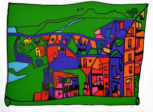 Encounters 3 (Cityscape on Green) by B V Doshi, Serigraph Serigraphs Cityscape Painting on Paper, Large Horizontal Wall Art