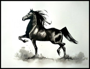 Endurance 01 (Dashing Stallion) by Deven Ramesh Bhosale, Original Ink Watercolor Animal Painting on Paper, Small Horizontal Wall Art