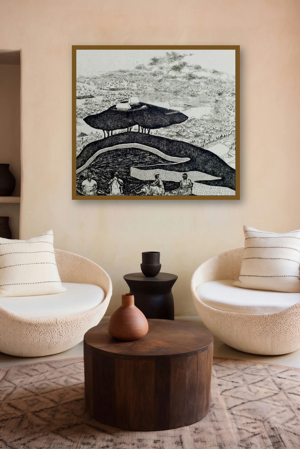 Enigmatic Urbanization (Hilltop Haven) by artist Sudeep Kumar Bashyal displayed in a Minimalist gallery