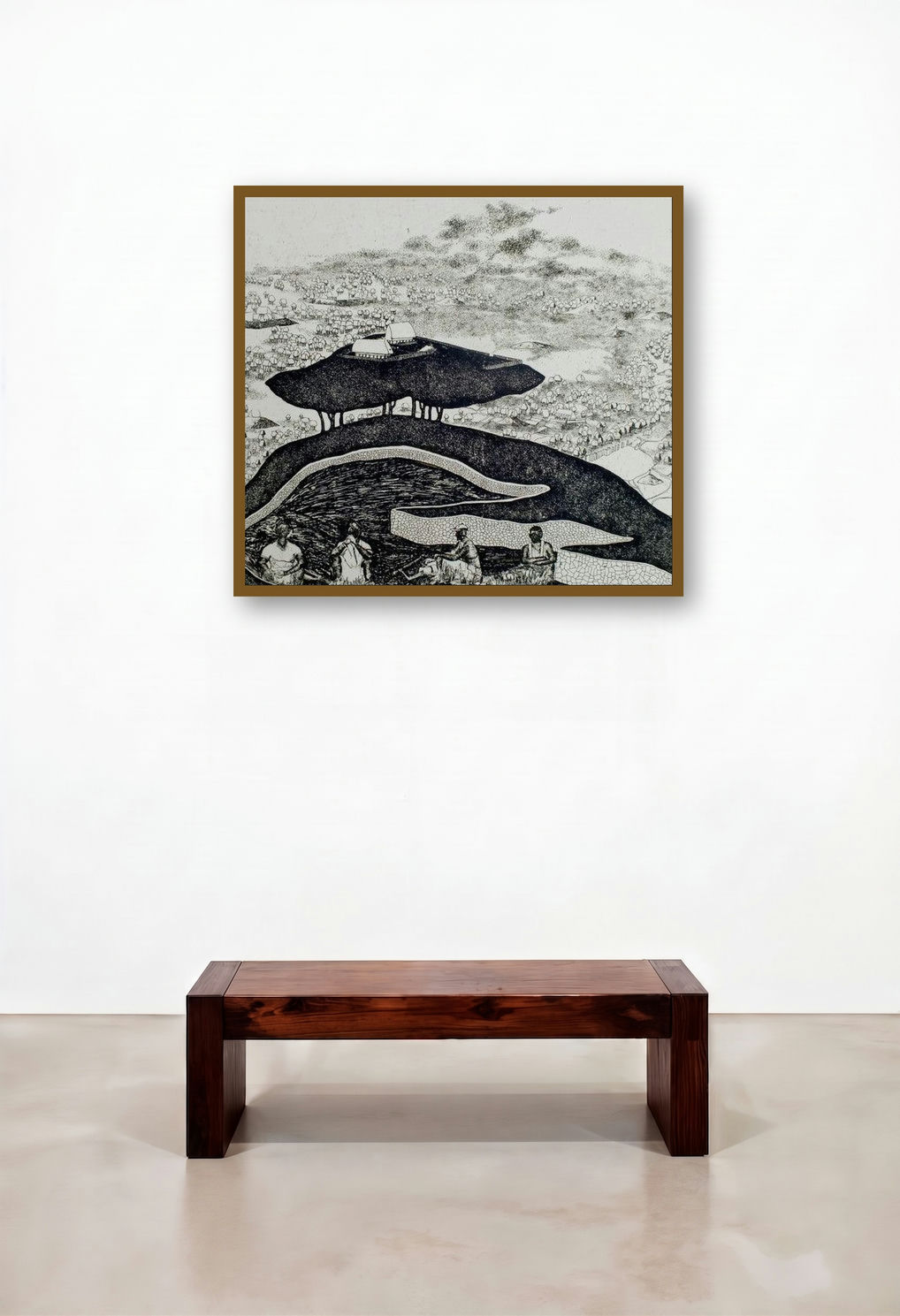 Enigmatic Urbanization (Hilltop Haven) by artist Sudeep Kumar Bashyal displayed in a Mid-Century Modern Study