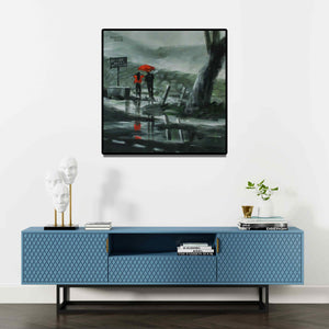 Preview of 'Enjoying The Rain (Monsoon Magic)' Painting by Mopasang Valath shown on a wall in a furnished room.