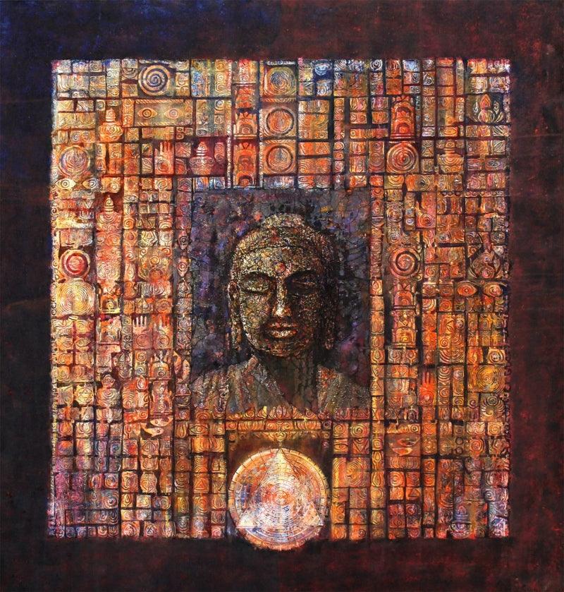 Religious acrylic painting titled 'Enlightened Budha', 48x46 inches, by artist Ram Thorat on Canvas