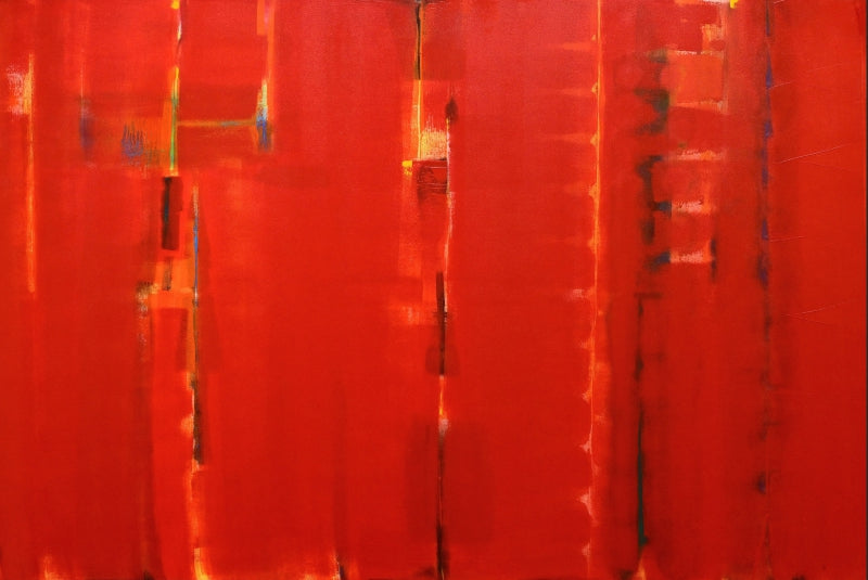 Enlightened Red' abstract acrylic painting by artist Hemant Dhane, 48x72 inch, on canvas