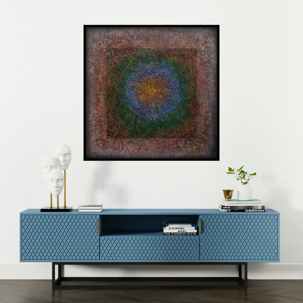 'Enlightenment (Cosmic Tapestry)' painting by Anil Kumar Vishwakarma shown on a wall in a furnished room.